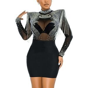✨💎 Sexy Rhinestone Embellished Mesh Nightclub Bodycon Party Sparkly Dress S NEW